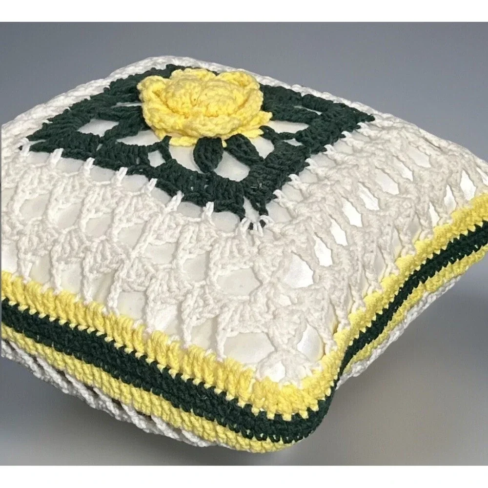 Handmade Crochet Rose Granny Square Throw Pillow White Yellow Green Vintage (#2)